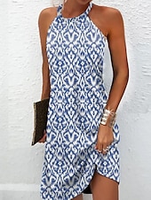 abordables Robes Boho-Robe Mini Femme Robe Petite Robe d&#039;Été Robe Halter Robe Décontractée Vacances Quotidien Fête Coupe Régulière Imprimée Sans Manches Col Halter Sans Bretelles Bleu Été Printemps