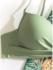 abordables Ensemble bikini 3 pièces-Femme Normal Maillots de Bain Bikinis Trois pièces Slip Brésilien Maillot de bain 2 Pièces Dos ouvert Sexy Imprimé Vacances Mode Feuilles Col en V manche longue Maillots de bain