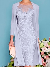 preiswerte Mit Jacke-zweiteiliges Etuikleid in Champagner für die Strandhochzeit, Mutter der Braut, elegantes Hochzeitsgastkleid mit Rundhalsausschnitt, knielang, Chiffonspitze, 3/4-Ärmel, Wickelkleid inklusive Jacke,