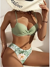 abordables Ensemble bikini 3 pièces-Femme Normal Maillots de Bain Bikinis Trois pièces Slip Brésilien Maillot de bain 2 Pièces Dos ouvert Sexy Imprimé Vacances Mode Feuilles Col en V manche longue Maillots de bain