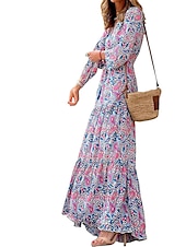 billiga Bohemklänningar-Dam Maxiklänning Vardagsklänning Boho Chic klänningar Långärmad Boho klänning Boho-klänning Elegant bohemliv Stylish Vinterklänning Semester Dagligen Normal Blommig Långärmad V-hals Rodnande Rosa Grön