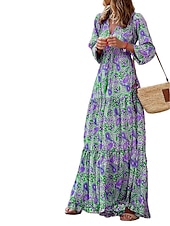 billiga Bohemklänningar-Dam Maxiklänning Vardagsklänning Boho Chic klänningar Långärmad Boho klänning Boho-klänning Elegant bohemliv Stylish Vinterklänning Semester Dagligen Normal Blommig Långärmad V-hals Rodnande Rosa Grön