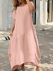 abordables concevoir des robes en coton et lin-Femmes Noir Blanche Jaune Été Printemps Robe maxi Robe Blanche Robes en coton et lin Robe d&#039;été en coton Occasionnel Vacances Quotidien Sortir Coupe Ample Couleur Unie Col ras du cou