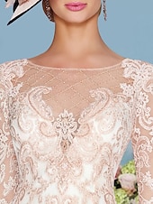 preiswerte Mit Jacke-zweiteiliges Etuikleid in Champagner für die Strandhochzeit, Mutter der Braut, elegantes Hochzeitsgastkleid mit Rundhalsausschnitt, knielang, Chiffonspitze, 3/4-Ärmel, Wickelkleid inklusive Jacke,