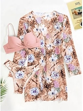 abordables Ensemble bikini 3 pièces-Femme Normal Maillots de Bain Bikinis Trois pièces Slip Brésilien Maillot de bain 2 Pièces Dos ouvert Sexy Imprimé Vacances Mode Feuilles Col en V manche longue Maillots de bain