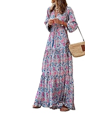 billiga Bohemklänningar-Dam Maxiklänning Vardagsklänning Boho Chic klänningar Långärmad Boho klänning Boho-klänning Elegant bohemliv Stylish Vinterklänning Semester Dagligen Normal Blommig Långärmad V-hals Rodnande Rosa Grön