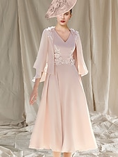 abordables Avec veste-Robe de mère de la mariée en A-line Deux pièces Invité de mariage Église Élégante Col V Longueur thé Chiffon Sans manches Veste incluse avec appliques 2025 taille sur mesure gratuite