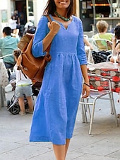 abordables concevoir des robes en coton et lin-Femmes Jaune Rose Claire Rouge Été Printemps Robe Maxi Robe maxi Robes inspirées du lin Robe Décontractée Robe évasée Basique Occasionnel Vacances Quotidien Fête Coupe régulière Couleur Unie Col en V