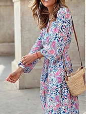 billiga Bohemklänningar-Dam Maxiklänning Vardagsklänning Boho Chic klänningar Långärmad Boho klänning Boho-klänning Elegant bohemliv Stylish Vinterklänning Semester Dagligen Normal Blommig Långärmad V-hals Rodnande Rosa Grön