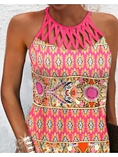 ieftine Rochii Boho-Pentru femei Rochie Mini Rochie casual Rochie etnică Rochie Boho Rochie cu decolteu Modă Stilat Modern Vacanță Zilnic Dată Fit regulat Geometric Imprimeu Fără manșon Gâtul halter Roz Îmbujorat Var