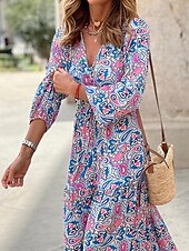 billiga Bohemklänningar-Dam Maxiklänning Vardagsklänning Boho Chic klänningar Långärmad Boho klänning Boho-klänning Elegant bohemliv Stylish Vinterklänning Semester Dagligen Normal Blommig Långärmad V-hals Rodnande Rosa Grön