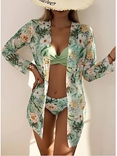 abordables Ensemble bikini 3 pièces-Femme Normal Maillots de Bain Bikinis Trois pièces Slip Brésilien Maillot de bain 2 Pièces Dos ouvert Sexy Imprimé Vacances Mode Feuilles Col en V manche longue Maillots de bain