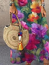 billige Blomstrete kjoler-Kvinners Maxi Kjole Sommerkjole Shift Kjole Sommerkjole Casual Ferie Fest Casual Regular Fit Blomsterprint Uten Ermer Crew Neck Fuchsia Sommer Vår