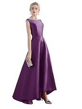 abordables Robes de fête-Robe de soirée en A Robe rouge verte Invité de mariage Tenue de fête Asymétrique Sans manches Col bijou Satin avec un style épuré pour impressionner 2025