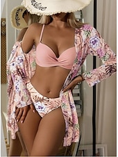 abordables Ensemble bikini 3 pièces-Femme Normal Maillots de Bain Bikinis Trois pièces Slip Brésilien Maillot de bain 2 Pièces Dos ouvert Sexy Imprimé Vacances Mode Feuilles Col en V manche longue Maillots de bain