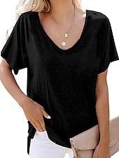 abordables T-shirt uni-Femme T shirt Plein Plage Manche Courte Col V Hauts réguliers Casual Noir Blanche Vert Véronèse bleu marine Gris Clair
