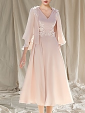 abordables Avec veste-Robe de mère de la mariée en A-line Deux pièces Invité de mariage Église Élégante Col V Longueur thé Chiffon Sans manches Veste incluse avec appliques 2025 taille sur mesure gratuite