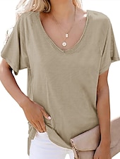abordables T-shirt uni-Femme T shirt Plein Plage Manche Courte Col V Hauts réguliers Casual Noir Blanche Vert Véronèse bleu marine Gris Clair