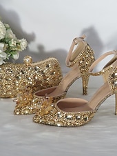cheap Wedding Guest-Women's Gold Rhinestone High Heel Sandals with Matching Clutch – Luxury Crystal-Embellished Ankle Strap Stilettos for Weddings, Parties &amp; Special Occasions