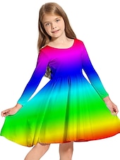 billiga 3D Shining Vision Klänning-Barn Liten Flickor Klänning Regnbåge Grafisk A linjeklänning Dagligen Helgdag Semester Mönster Blå Rodnande Rosa Regnbåge Ovanför knäet Långärmad Ledigt söt stil Ljuv Klänningar Höst Vår Normal 3-10