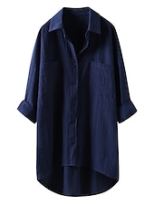 abordables Chemises-Femmes Chemise Chemises inspirées du lin Boutonner Chemisier Uni ancien Occasionnel manche longue Col de chemise Occasionnel Quotidien Week-end Patchwork Noir Blanche Bleu Vert Kaki