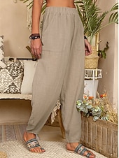 abordables Bas-Femmes Pantalon d'été 100% Coton Pantalons Amples Pantalon sarouel Confort Longueur cheville Naturel Couleur Unie Avec Poches Taille Élastique Décontracté Kaki Noir Blanche Vert Véronèse Ét