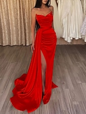cheap ORANGE-Mermaid Sequin Evening Gown Sexy Dress Wedding Guest Cocktail Party Court Train Sleeveless Strapless Bridesmaid Dress Satin with Beading Pure Color Masquerade Dress 2025