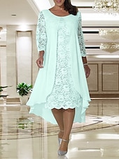 cheap With Jacket-Beach Wedding A-Line Mother of the Bride Dress Wedding Guest Elegant Plus Size Jewel Neck Knee Length Chiffon Lace Long Sleeve with Lace free custom size
