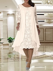 cheap With Jacket-Beach Wedding A-Line Mother of the Bride Dress Wedding Guest Elegant Plus Size Jewel Neck Knee Length Chiffon Lace Long Sleeve with Lace free custom size