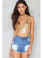 Women Metal Sequin Sparkle Glitter Tank Deep V Neck Spaghetti Strap Backless Chain Halter Crop Tops Party Blouse 1980s Disco Carnival Party Evening Club4