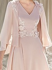 abordables Avec veste-Robe de mère de la mariée en A-line Deux pièces Invité de mariage Église Élégante Col V Longueur thé Chiffon Sans manches Veste incluse avec appliques 2025 taille sur mesure gratuite