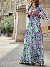 billiga Bohemklänningar-Dam Maxiklänning Vardagsklänning Boho Chic klänningar Långärmad Boho klänning Boho-klänning Elegant bohemliv Stylish Vinterklänning Semester Dagligen Normal Blommig Långärmad V-hals Rodnande Rosa Grön