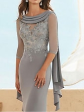 abordables Largo del piso-Vestido ajustado Madre de la novia Invitada de boda Elegante talla grande Cuello joya Largo hasta el suelo Chifón Encaje Media manga con apliques y fruncidos talla personalizada gratis