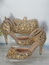 cheap Wedding Guest-Women's Gold Rhinestone High Heel Sandals with Matching Clutch – Luxury Crystal-Embellished Ankle Strap Stilettos for Weddings, Parties &amp; Special Occasions