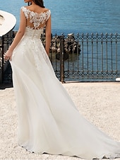 preiswerte lässige Brautkleider-Strand Offene Rücken Hochzeitskleider A-Linie V-Ausschnitt Ärmellos Schleppe Spitzenbrautkleider mit Applikationen 2025