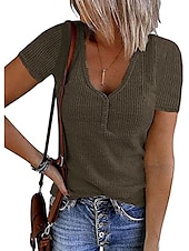 cheap Plain tee-Women&#039;s Henley Shirt T shirt Tee Black White Pink Plain Button Short Sleeve Casual Daily Sexy Round Neck Regular S