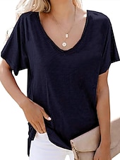 abordables T-shirt uni-Femme T shirt Plein Plage Manche Courte Col V Hauts réguliers Casual Noir Blanche Vert Véronèse bleu marine Gris Clair