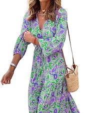 billiga Bohemklänningar-Dam Maxiklänning Vardagsklänning Boho Chic klänningar Långärmad Boho klänning Boho-klänning Elegant bohemliv Stylish Vinterklänning Semester Dagligen Normal Blommig Långärmad V-hals Rodnande Rosa Grön