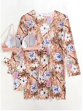 abordables Ensemble bikini 3 pièces-Femme Normal Maillots de Bain Bikinis Trois pièces Slip Brésilien Maillot de bain 2 Pièces Dos ouvert Sexy Imprimé Vacances Mode Feuilles Col en V manche longue Maillots de bain
