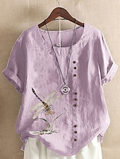  Camicia da donna 100% Cotone Camicia Blusa Stampa a bottoni Weekend Streetwear Di base Casual Simile lino Manica corta Collo tondo Bianco Estate Primavera