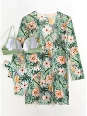 abordables Ensemble bikini 3 pièces-Femme Normal Maillots de Bain Bikinis Trois pièces Slip Brésilien Maillot de bain 2 Pièces Dos ouvert Sexy Imprimé Vacances Mode Feuilles Col en V manche longue Maillots de bain