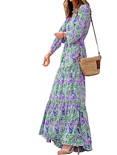 billiga Bohemklänningar-Dam Maxiklänning Vardagsklänning Boho Chic klänningar Långärmad Boho klänning Boho-klänning Elegant bohemliv Stylish Vinterklänning Semester Dagligen Normal Blommig Långärmad V-hals Rodnande Rosa Grön