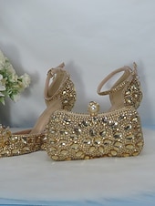 cheap Wedding Guest-Women's Gold Rhinestone High Heel Sandals with Matching Clutch – Luxury Crystal-Embellished Ankle Strap Stilettos for Weddings, Parties &amp; Special Occasions