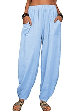 abordables Bas-Femmes Pantalon d'été 100% Coton Pantalons Amples Pantalon sarouel Confort Longueur cheville Naturel Couleur Unie Avec Poches Taille Élastique Décontracté Kaki Noir Blanche Vert Véronèse Ét