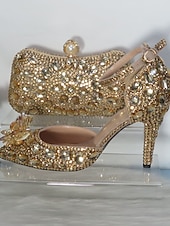 cheap Wedding Guest-Women's Gold Rhinestone High Heel Sandals with Matching Clutch – Luxury Crystal-Embellished Ankle Strap Stilettos for Weddings, Parties &amp; Special Occasions