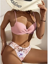 abordables Ensemble bikini 3 pièces-Femme Normal Maillots de Bain Bikinis Trois pièces Slip Brésilien Maillot de bain 2 Pièces Dos ouvert Sexy Imprimé Vacances Mode Feuilles Col en V manche longue Maillots de bain