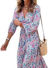 billiga Bohemklänningar-Dam Maxiklänning Vardagsklänning Boho Chic klänningar Långärmad Boho klänning Boho-klänning Elegant bohemliv Stylish Vinterklänning Semester Dagligen Normal Blommig Långärmad V-hals Rodnande Rosa Grön