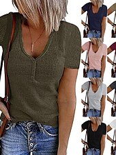 cheap Plain tee-Women&#039;s Henley Shirt T shirt Tee Black White Pink Plain Button Short Sleeve Casual Daily Sexy Round Neck Regular S