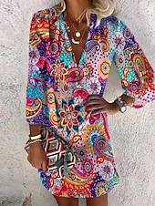 abordables Robes Bohémiennes-Femme Robe mi-longue Robe ethnique Robe bohème à manches longues robe boheme Robe imprimée Bohême Actif Mode Extérieur du quotidien Vacances Ample Cachemire Col V Rouge Vert Eté Printemps