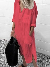 preiswerte Kleider-Damen Maxikleid Leinen-inspirierte Kleider Weißes Kleid Hemdblusenkleid Freizeitkleid Basic Lässig Winterkleid Urlaub Täglich Lässiger Schnitt Einfarbig Langarm Hemdkragen Weiß Gelb Rote Blau Sommer